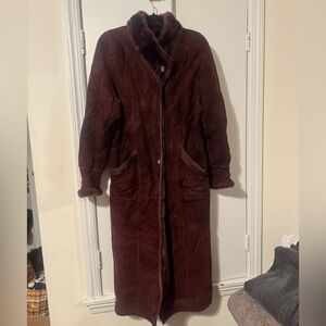 Long Burgundy Shearling Coat - Women's Suede Winter Coat